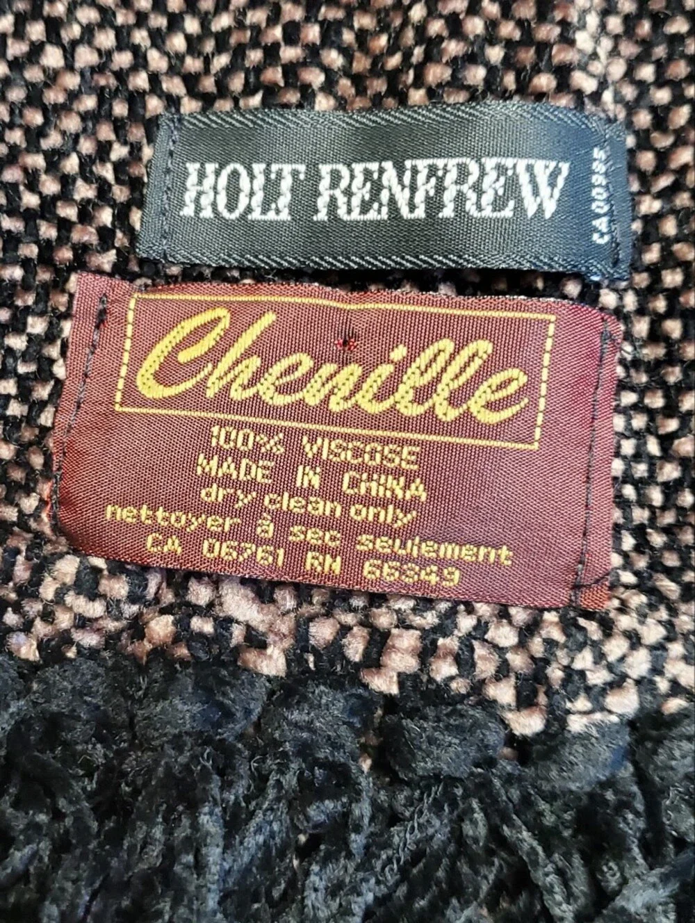 Vintage Holt Renfrew Chenille Viscose Fringe Scarf Brown Pink Tweed Wrap
